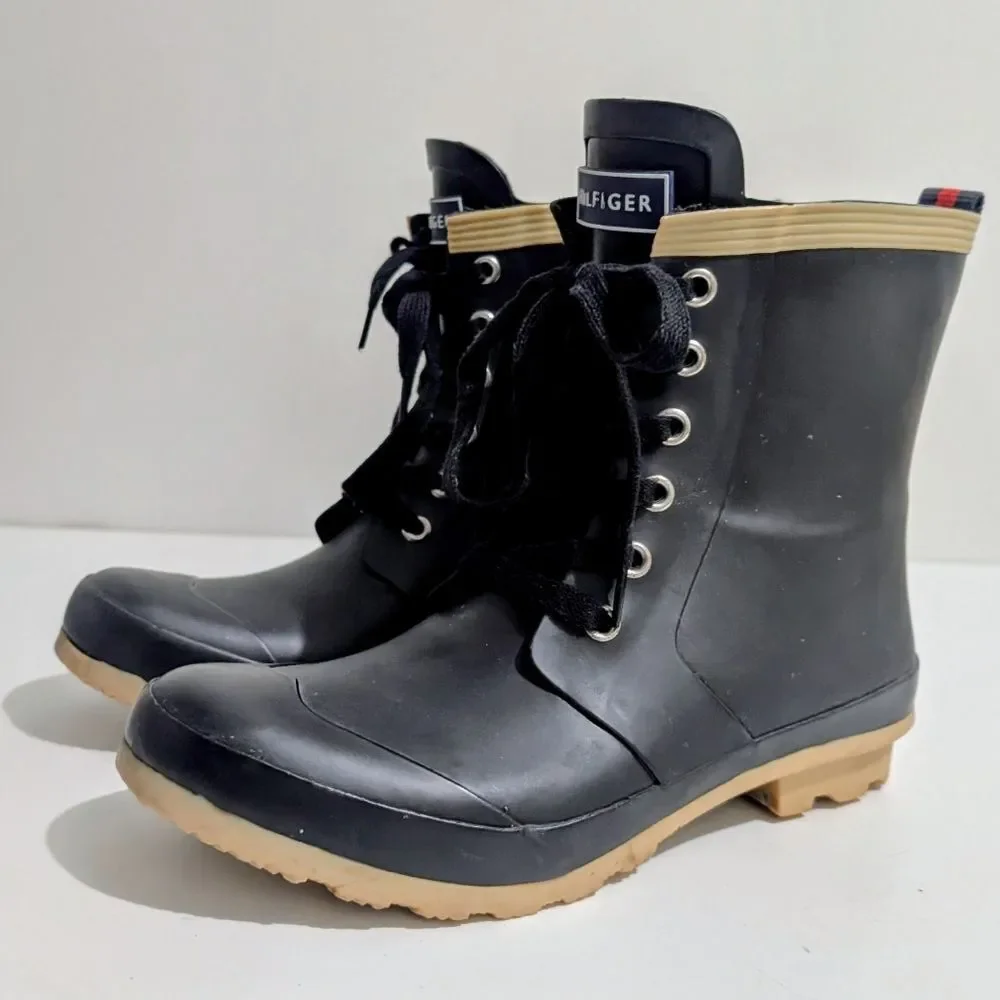 Tommy Hilfiger Renegade Women's Black Round Toe Lace Up Duck Rain Boot